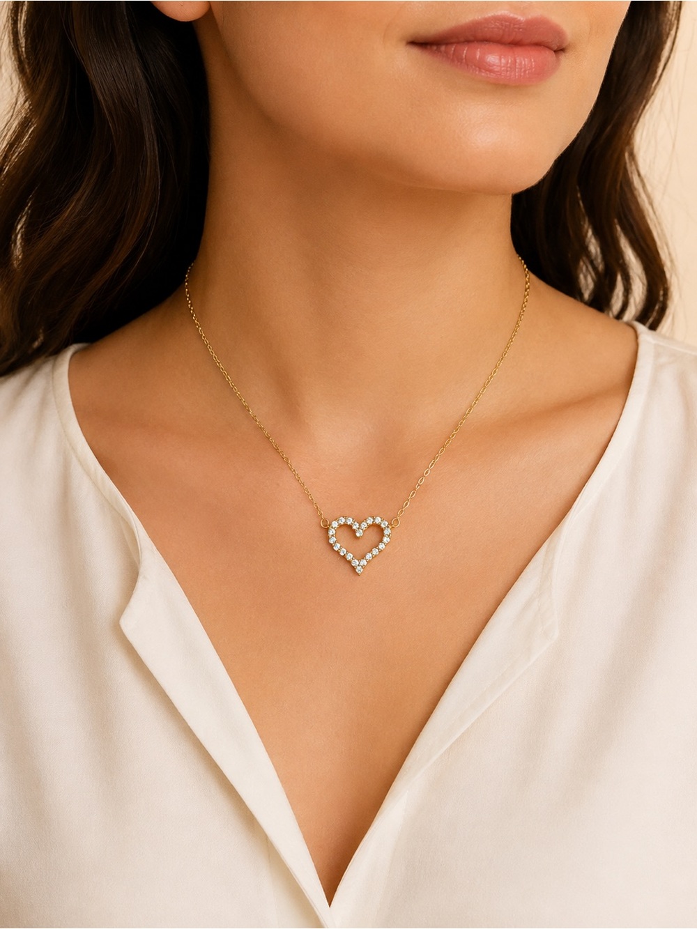 Gold Heart Pendant Necklace with Clear Stones - Women Jewelry 316 L steel